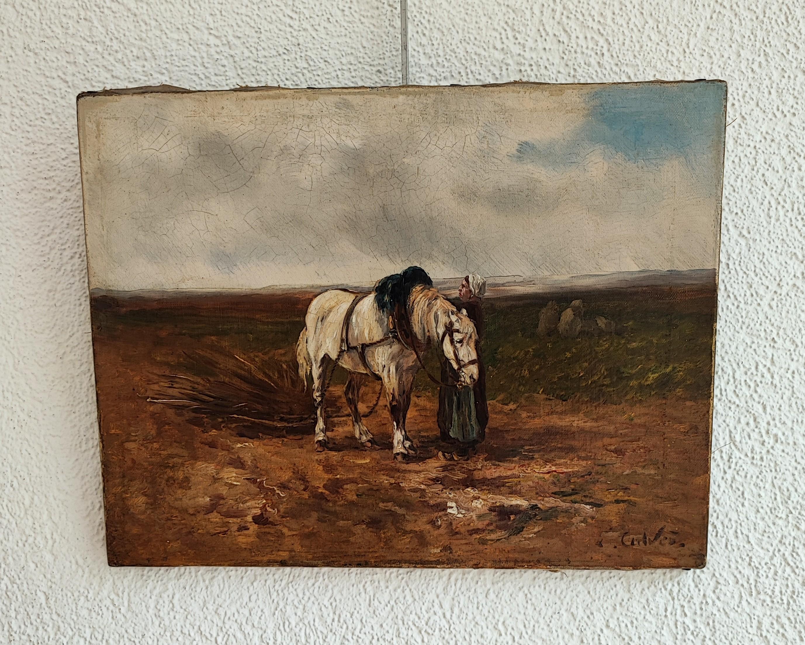 Donna nel campo che prepara un cavallo da tiro - Painting di Léon Georges CALVES