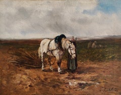 Antique Woman in the field preparing a draft horse