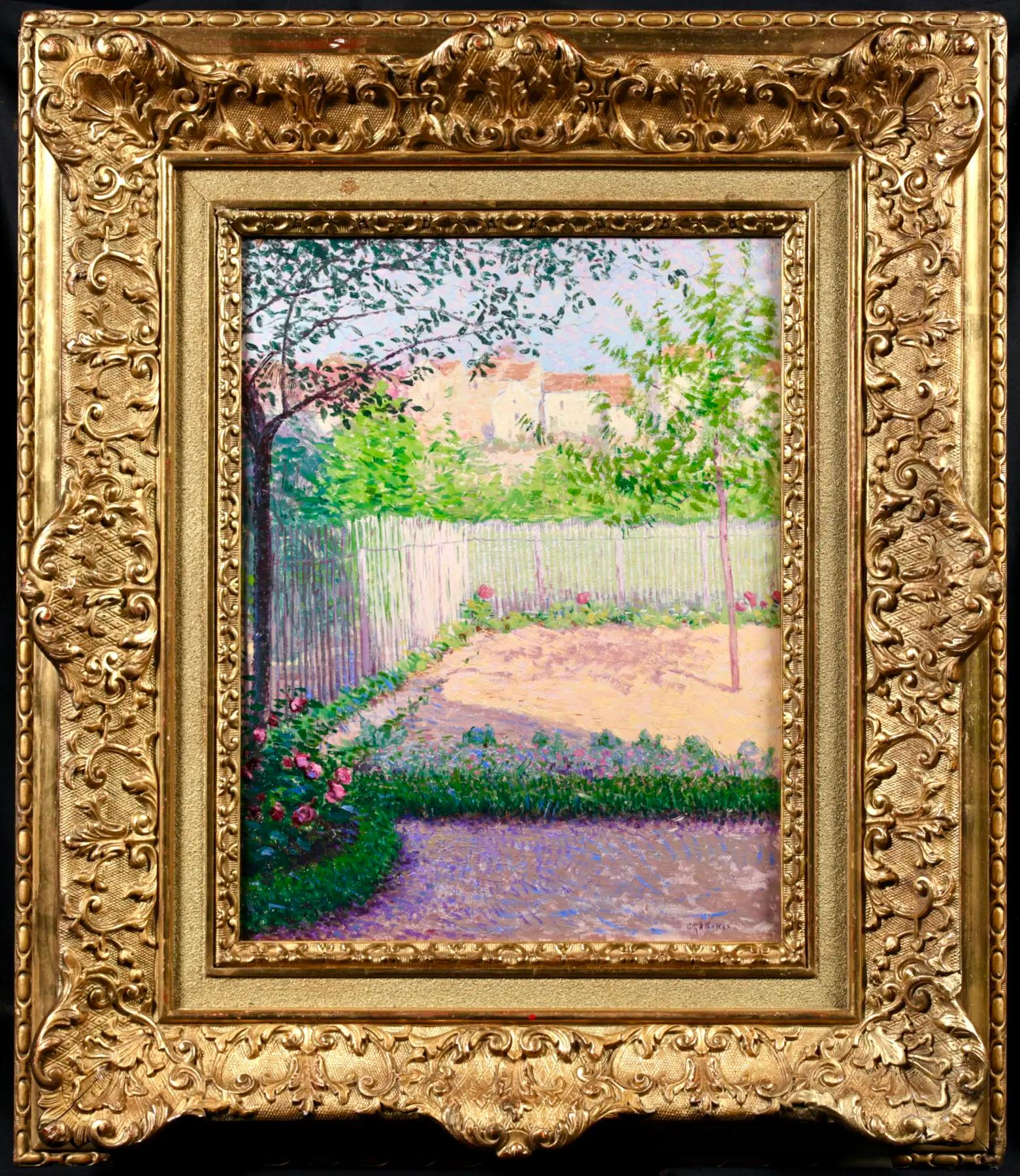 Signiertes impressionistisches Öl auf Tafel Landschaft circa 1900 von französischem Maler Leon Giran-Max. Das Werk zeigt einen eingezäunten Garten mit rosafarbenen Blumen, die sich vom grünen Laub der Blumenbeete abheben. Jenseits des Zauns sind die