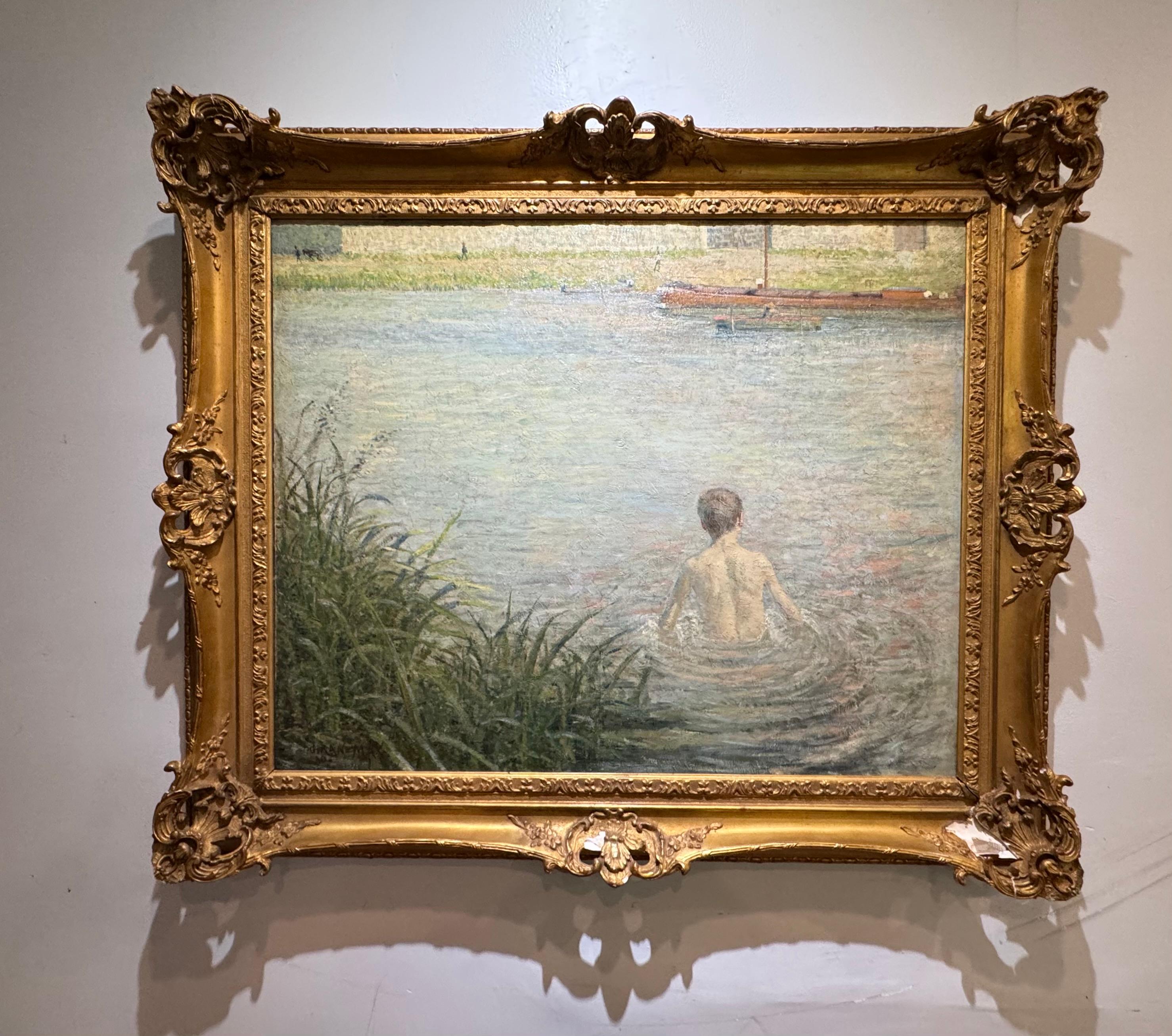 Großer französischer Impressionist Männlicher Junge Schwimmen Landschaft Strand im Angebot 11