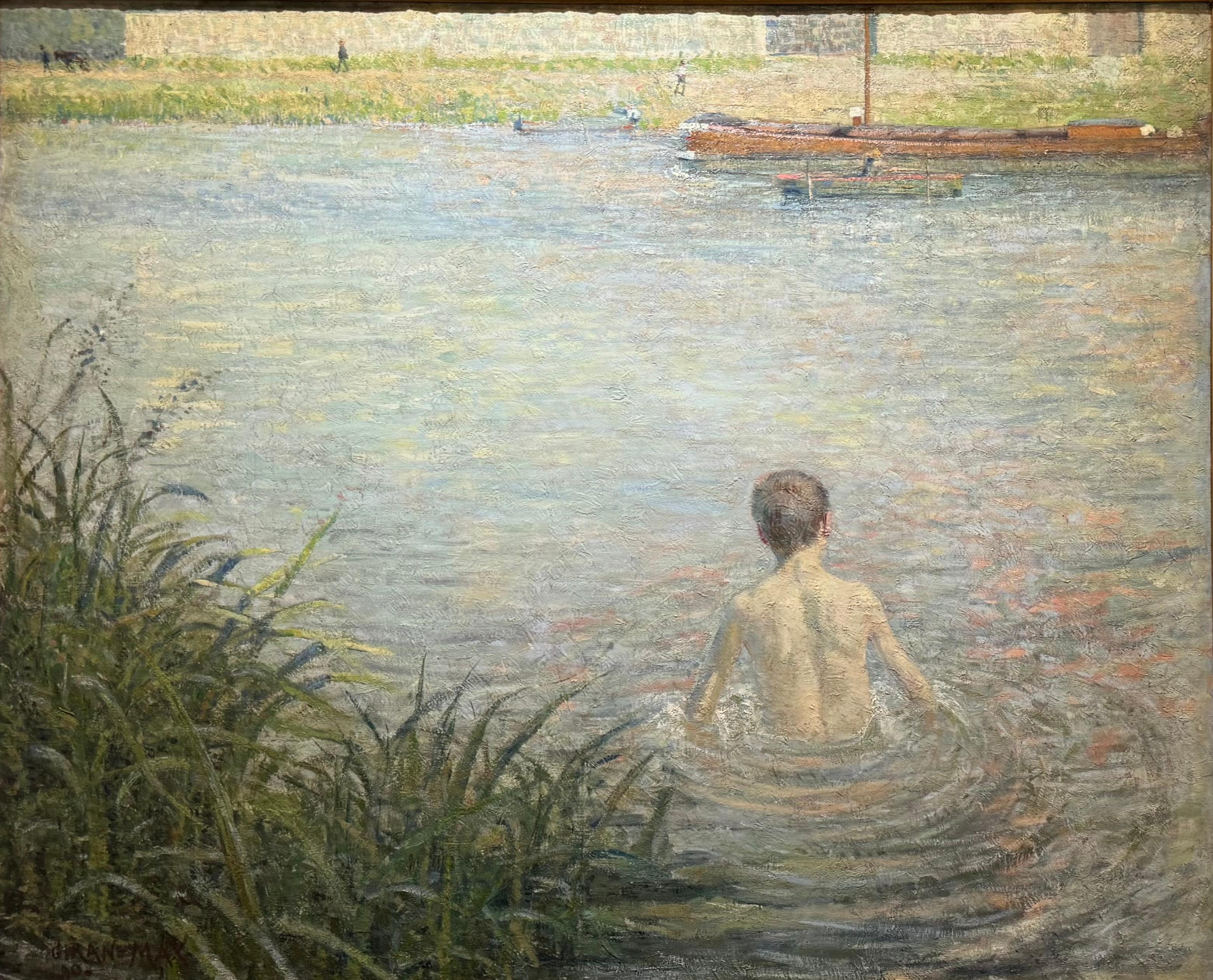 Großer französischer Impressionist Männlicher Junge Schwimmen Landschaft Strand (Impressionismus), Painting, von Leon Giran-Max