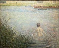 Large French Impressionist Male boy Swimming Landscape Beach