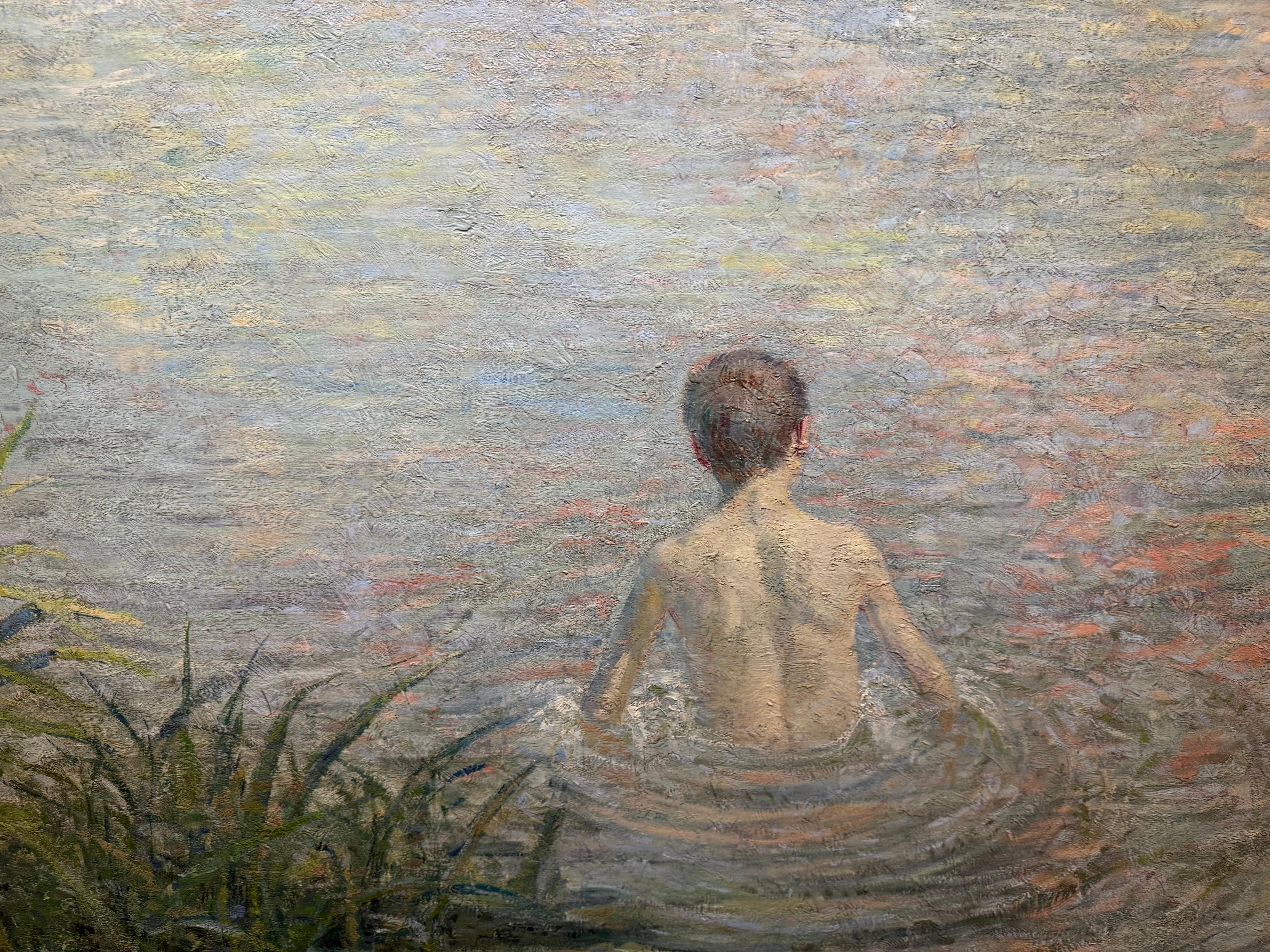 Großer französischer Impressionist Männlicher Junge Schwimmen Landschaft Strand im Angebot 1