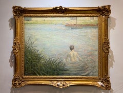 Grande ragazzo impressionista francese che nuota in un paesaggio di spiaggia