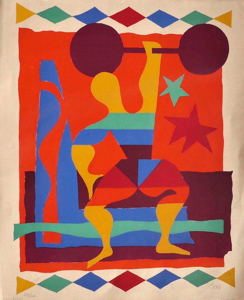 L'haltérophile est une lithographie originale en couleur réalisée par Léon Gischia au cours du XXe siècle.

Signé à la main au crayon en bas à droite. Numéroté, édition de 37/200 tirages, en bas à gauche au crayon.

Bonnes conditions.

L'œuvre