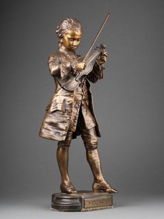 Léon Grégoire (19th/20th C.) : "Mozart tuning his violin", bronze, early XXth c.