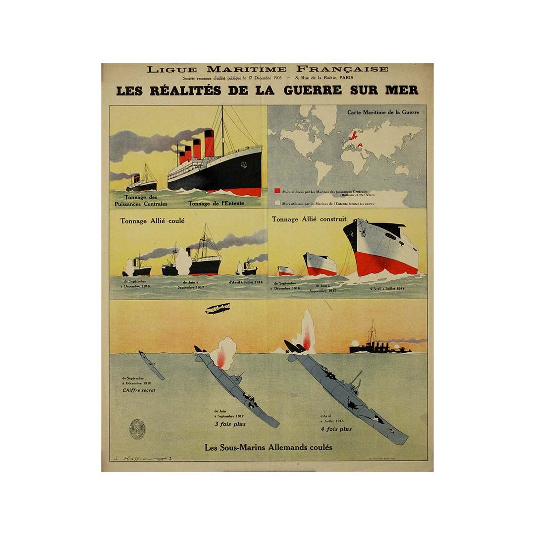 L'affiche originale de 1918 intitulée Ligue Maritime Française - Les Réalités de la Guerre sur Mer a été créée par Léon Haffner, un artiste français renommé et illustrateur naval. Connu pour ses représentations de thèmes maritimes, Haffner a réalisé