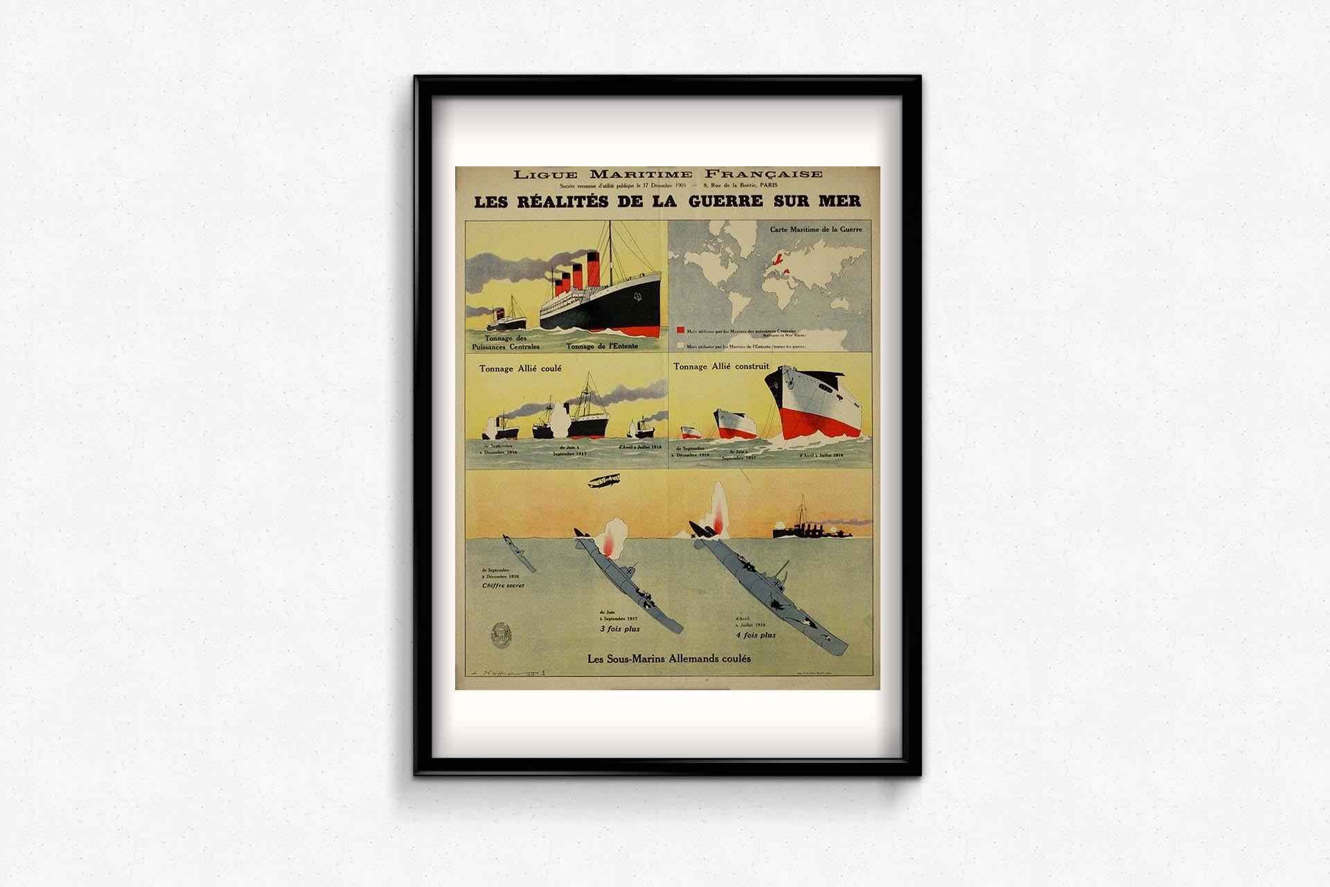Affiche originale de 1918 intitulée Ligue Maritime Française - Les Réalités de la Guerre en vente 2