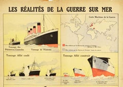 Original Antique WWI Poster Reality Of War At Sea Ship Submarine Guerre Sur Mer