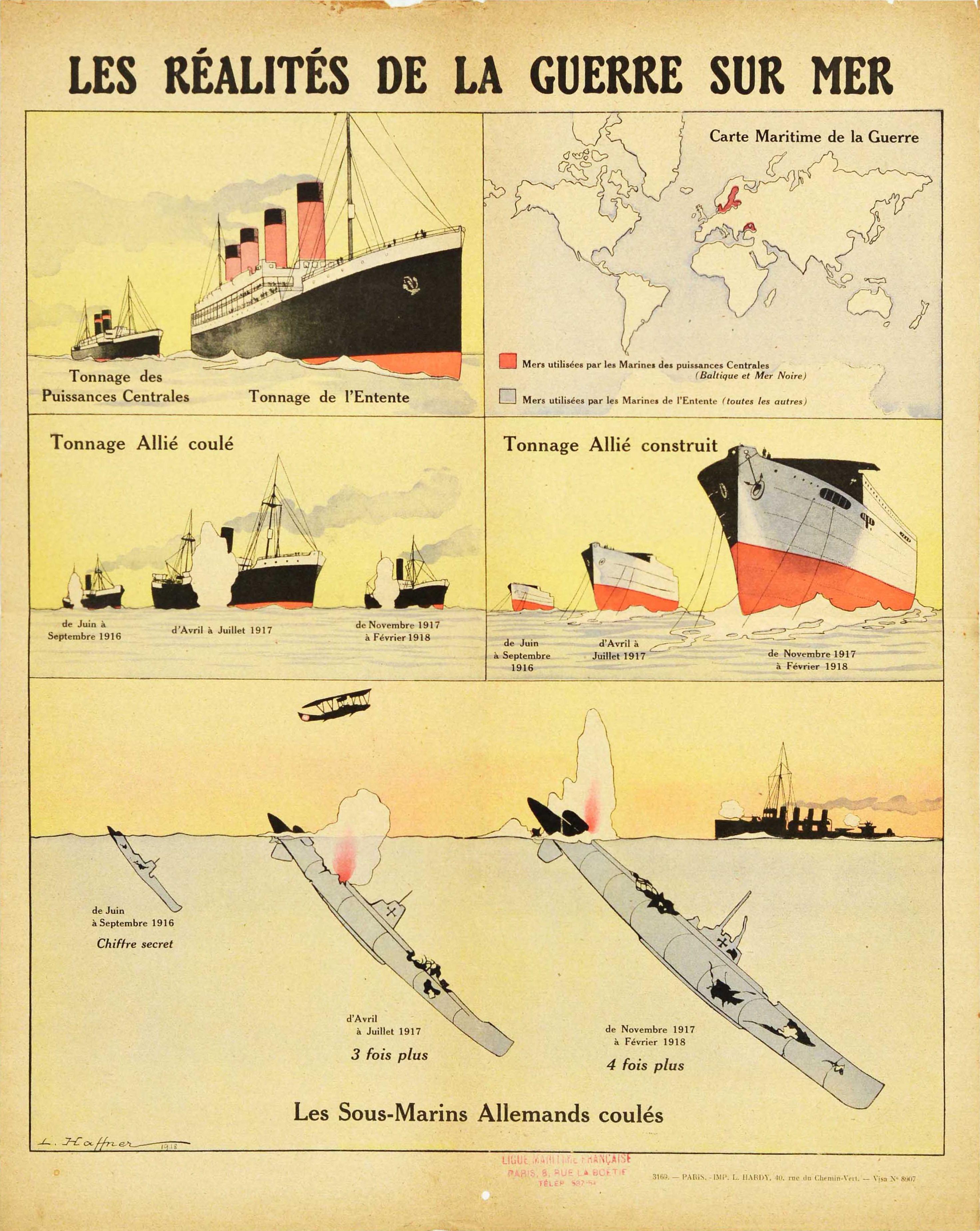 Leon Haffner Print - Original Antique WWI Poster Reality Of War At Sea Ship Submarine Guerre Sur Mer