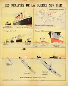 Original Antique WWI Poster Reality Of War At Sea Ship Submarine Guerre Sur Mer
