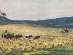Antique French Impressionist Oil Painting - Harvest Workers in Golden Fields