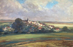 Antique French Impressionist Signed Oil - Rural Town Landscape in Fields