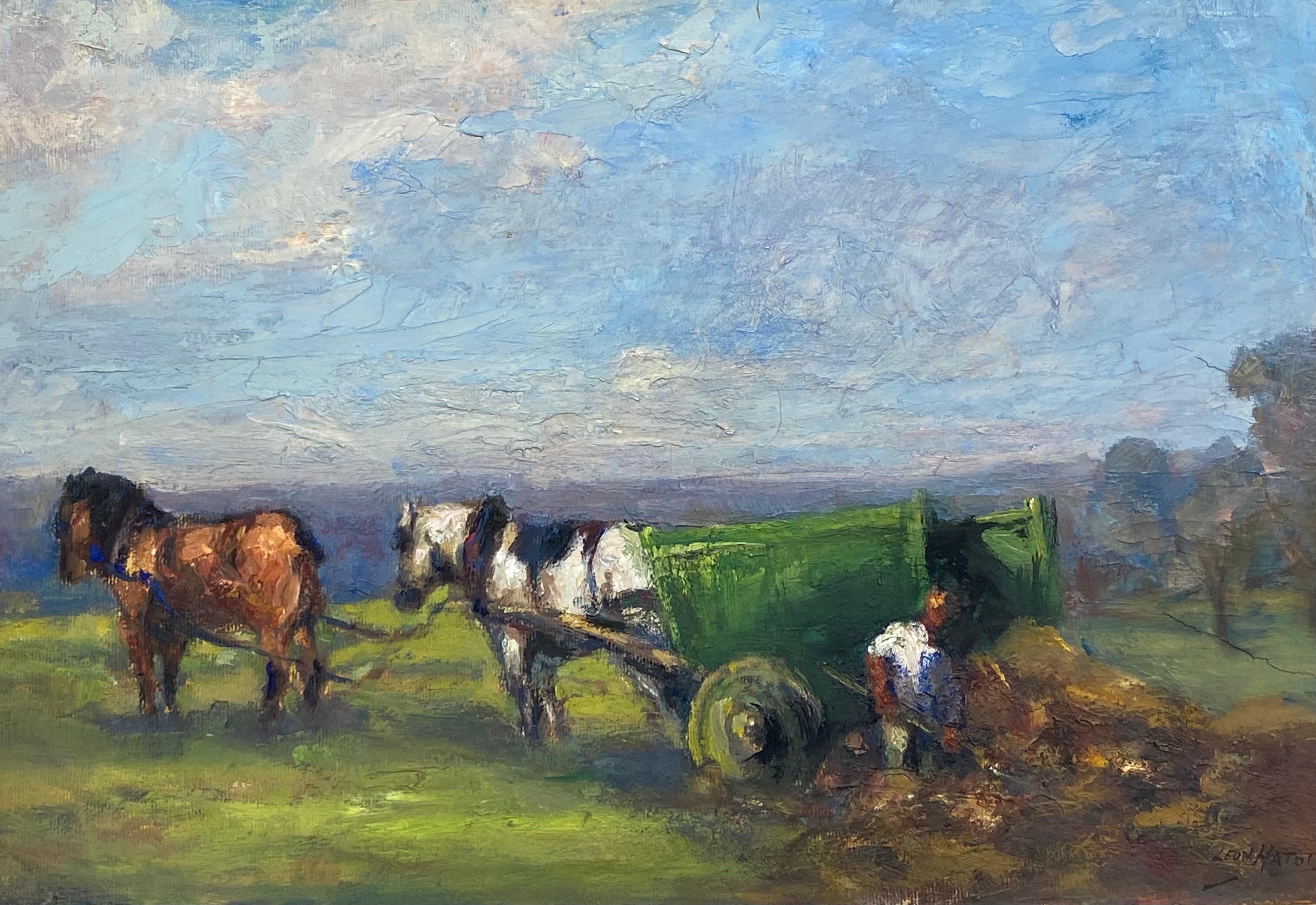 Leon Hatot Landscape Painting - Antique Signed French Impressionist Oil - Farmer Horses & Cart on Land