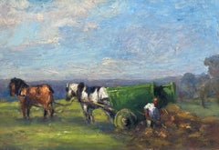 Antique Signed French Impressionist Oil - Farmer Horses & Cart on Land