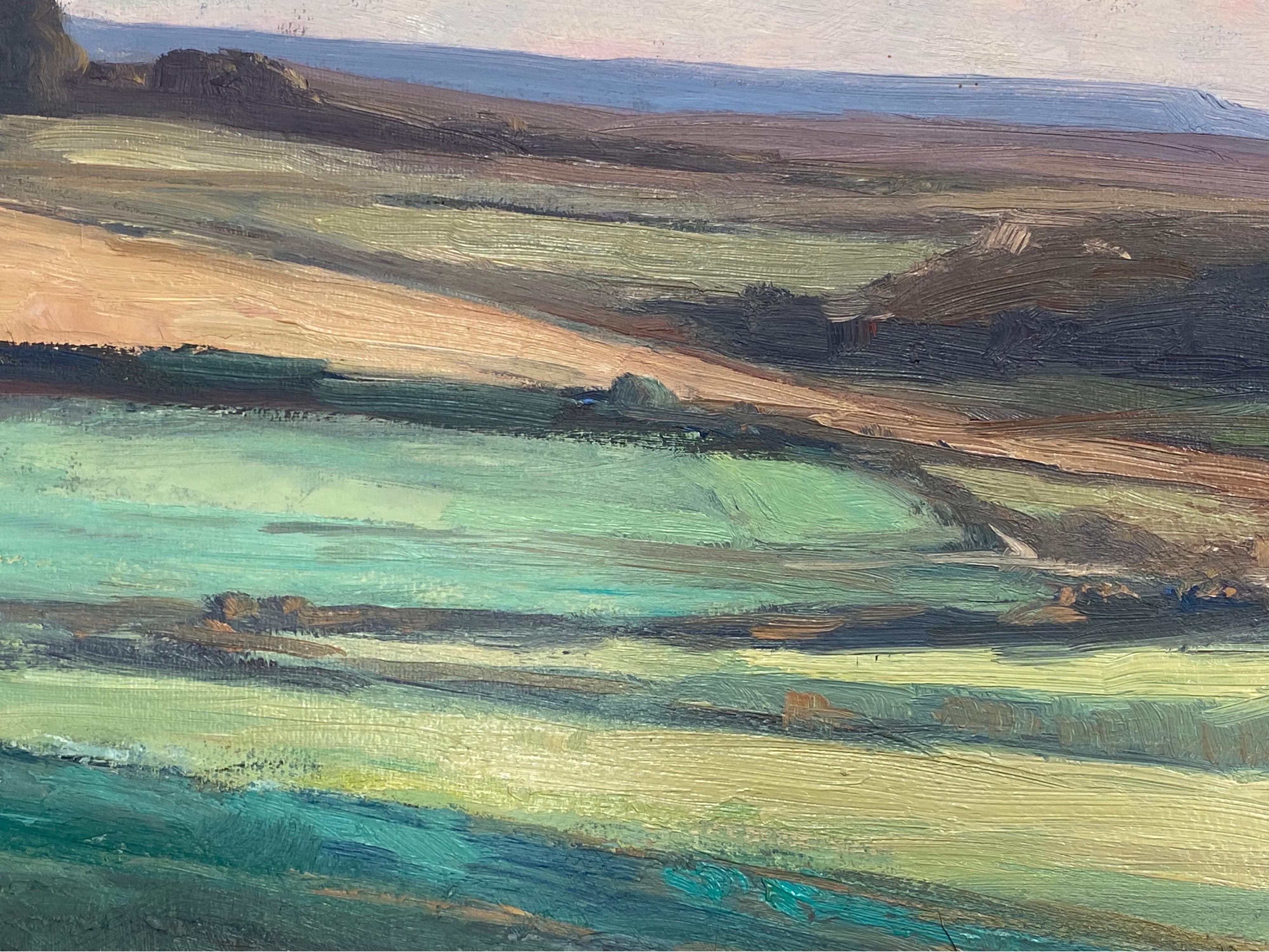 Antiguo óleo impresionista francés firmado, paisaje panorámico de campos ondulados en venta 1