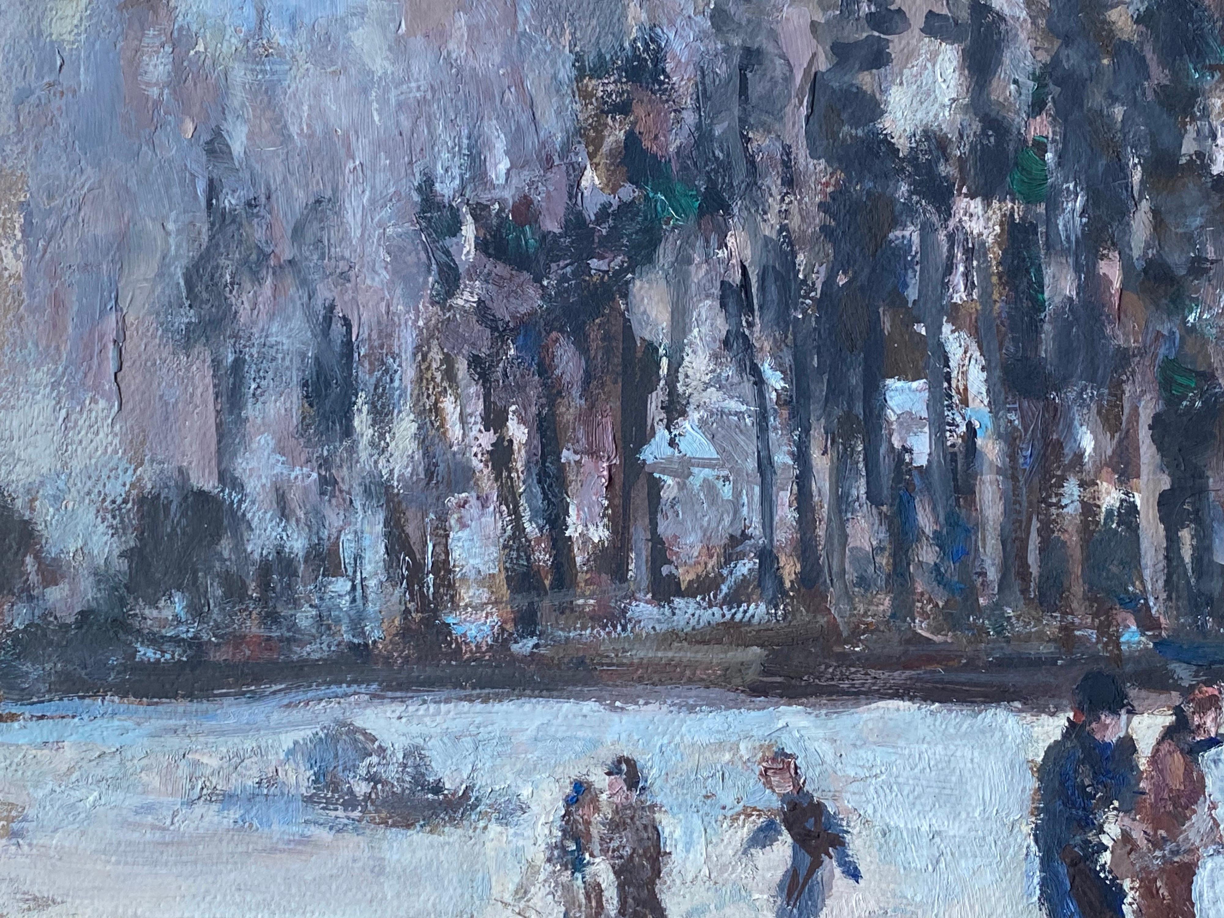 Children Playing in Winter Snow Fields Vintage Signed French Impressionist Oil - Painting by Leon Hatot