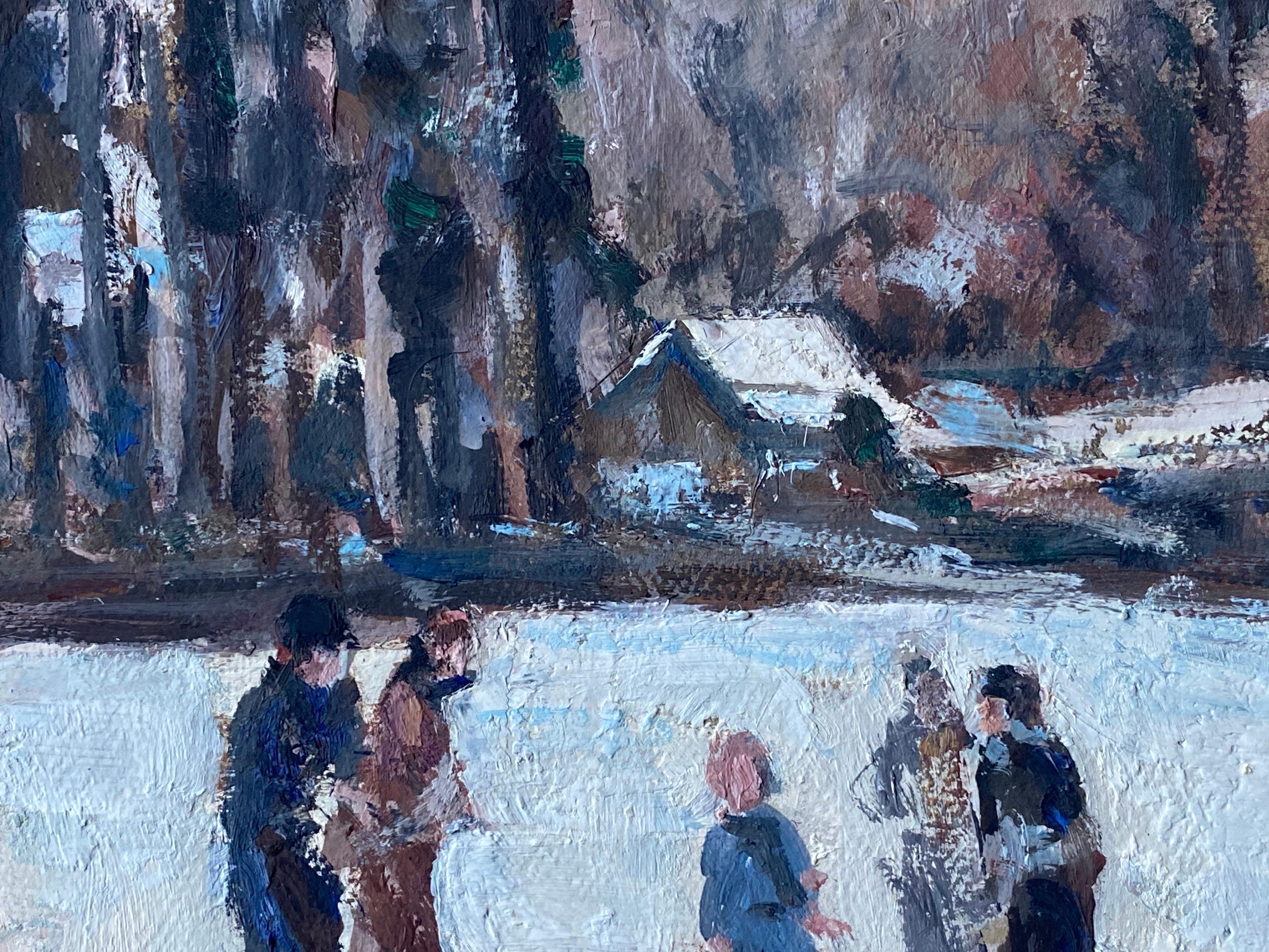 Artist/ School: Leon Hatot (French 1883-1953), signed lower corner

Title: Impressionist oil painting depicting children enjoying playing in the winter snow. 

Medium: oil painting on thick paper, unframed.

Size:  painting: 13 x 19.75