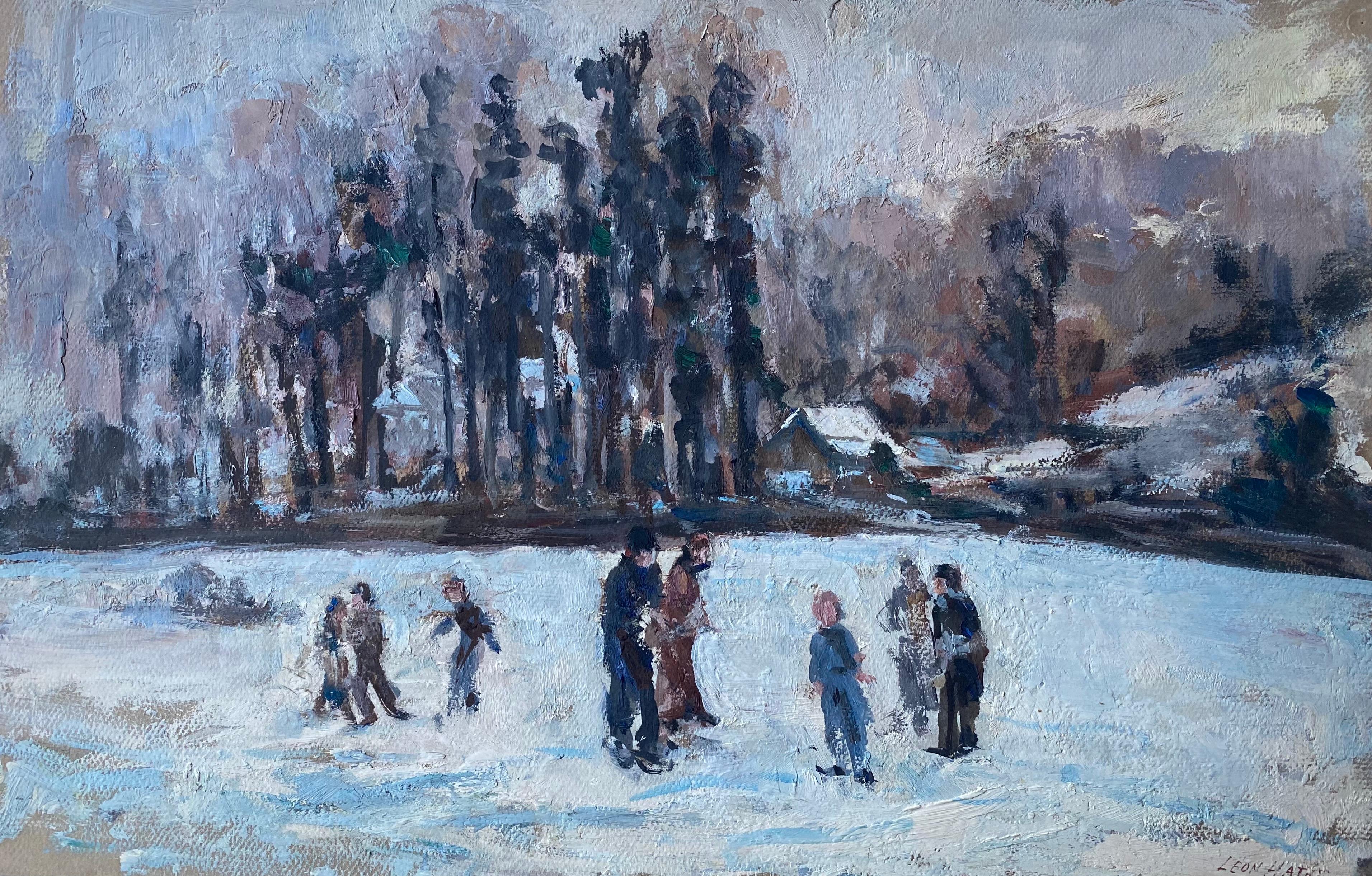 Leon Hatot Landscape Painting - Children Playing in Winter Snow Fields Vintage Signed French Impressionist Oil