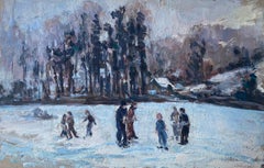 Children Playing in Winter Snow Fields Vintage Signed French Impressionist Oil