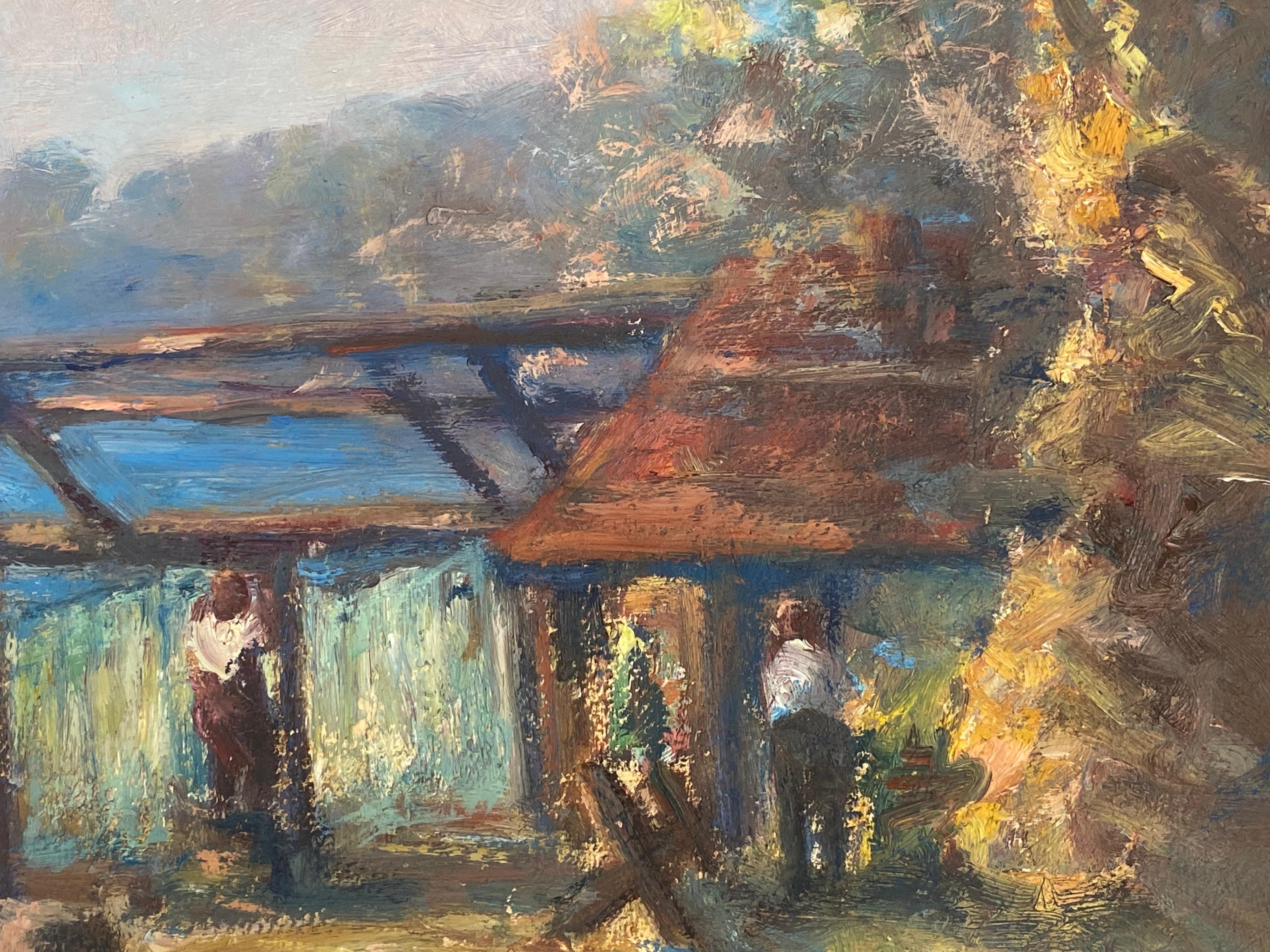 Coastal Scene Garden Pergola Terrace Signed Vintage French Impressionist Oil - Painting by Leon Hatot