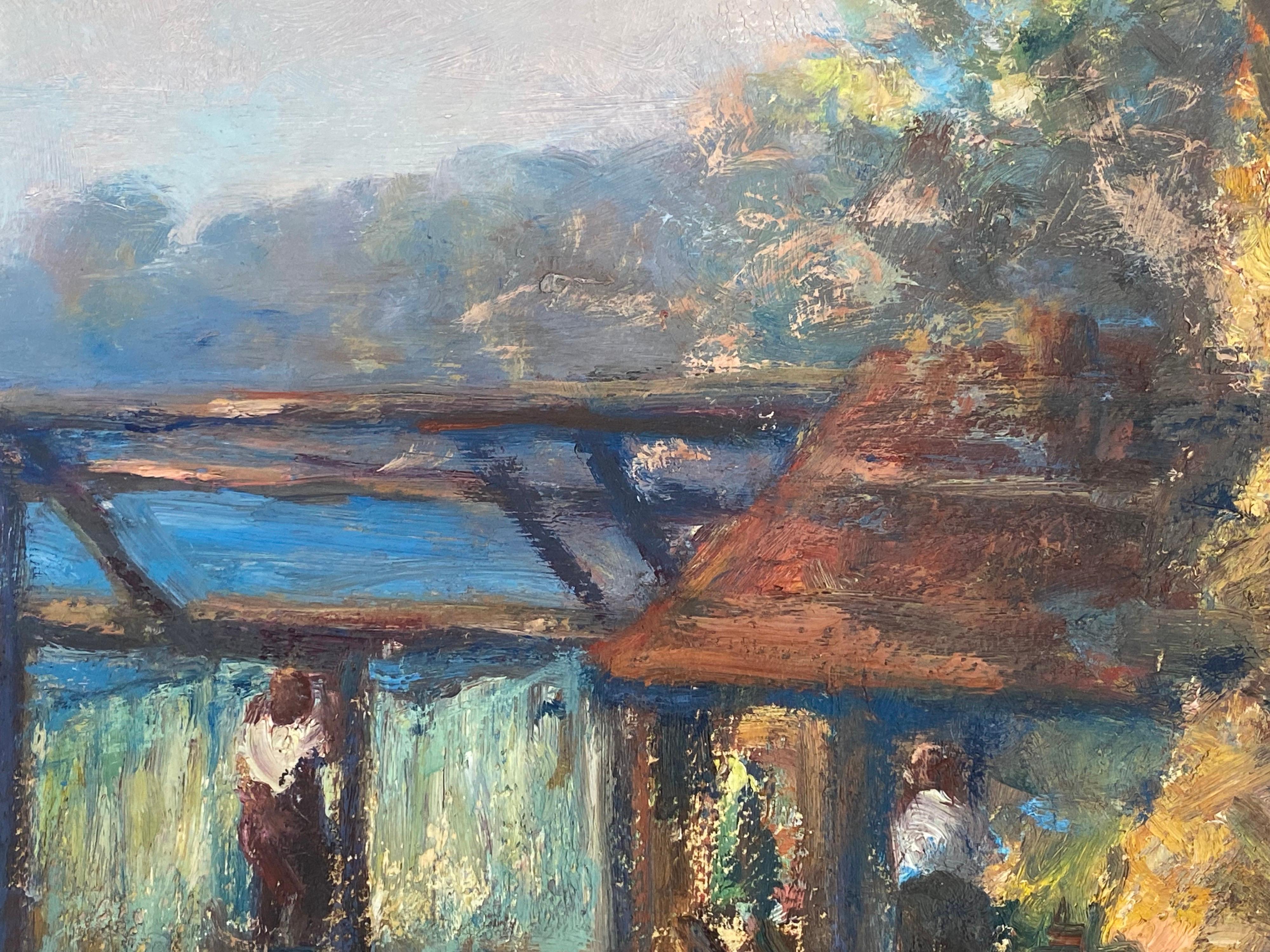 Coastal Scene Garden Pergola Terrace Signed Vintage French Impressionist Oil - Brown Landscape Painting by Leon Hatot