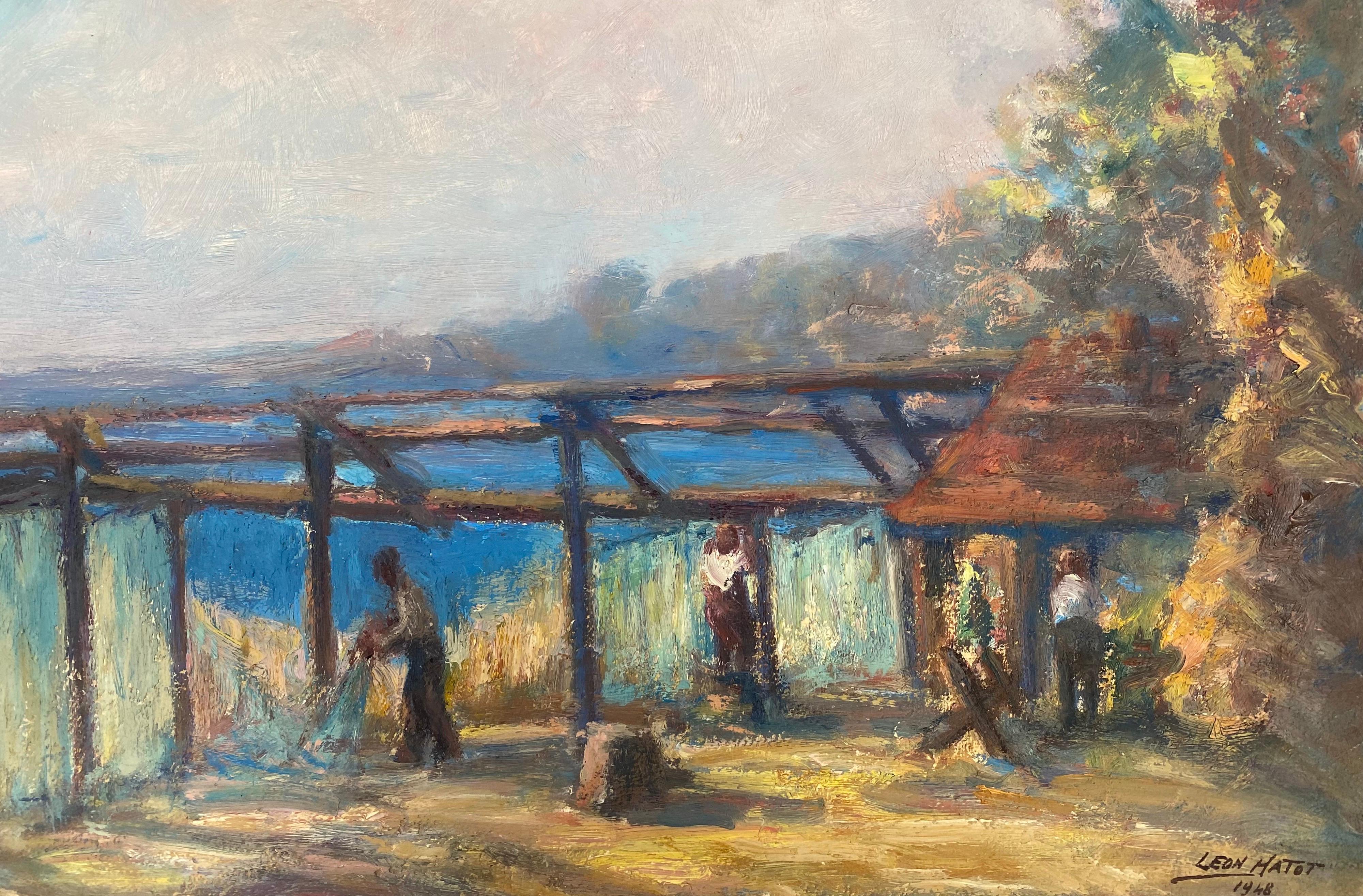 Leon Hatot Landscape Painting - Coastal Scene Garden Pergola Terrace Signed Vintage French Impressionist Oil