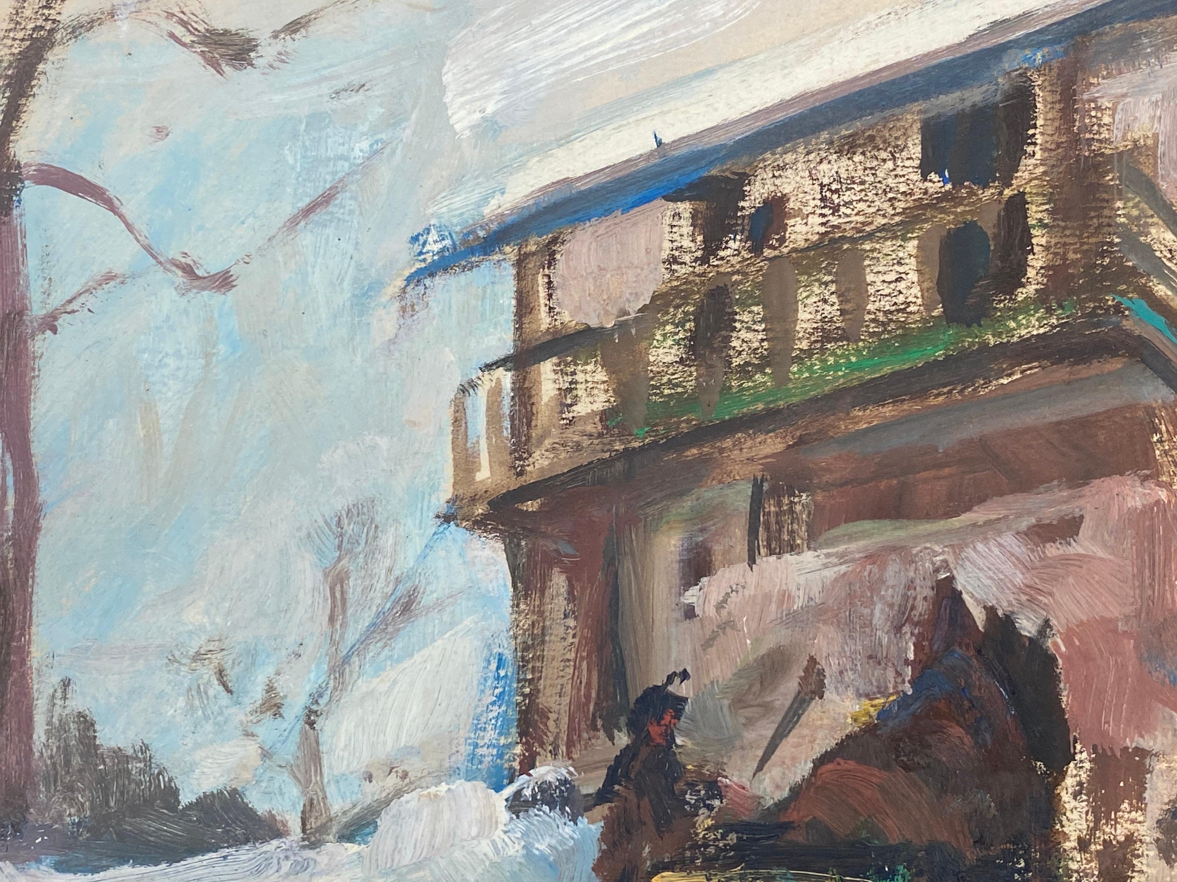 Figures in Winter Snow Ski Chalet Landscape Vintage French Impressionist Oil  - Painting by Leon Hatot