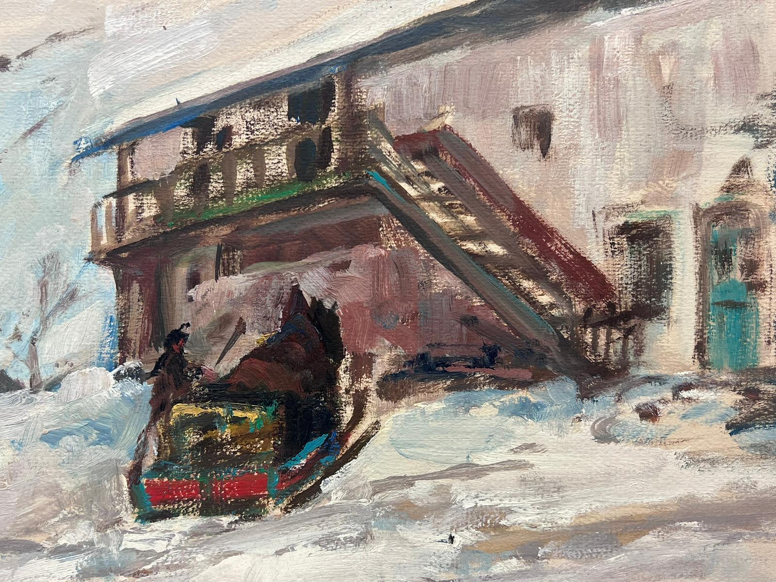 Figuren in Winter-Schneeflocken-Ski Chalet-Landschaft, Vintage, Französisch-impressionistisches Öl – Painting von Leon Hatot