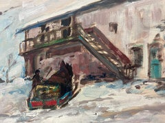 Figures in Winter Snow Ski Chalet Landscape Vintage French Impressionist Oil
