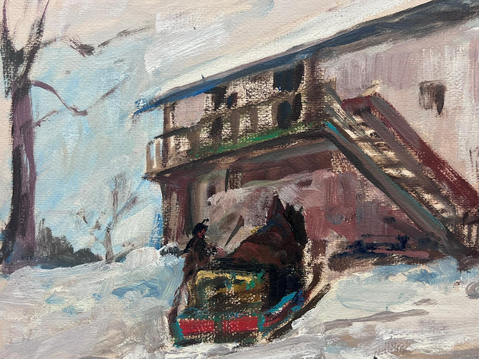 Figuren in Winter-Schneeflocken-Ski Chalet-Landschaft, Vintage, Französisch-impressionistisches Öl (Impressionismus), Painting, von Leon Hatot