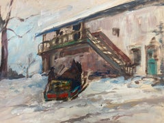 Figures in Winter Snow Ski Chalet Landscape Vintage French Impressionist Oil 