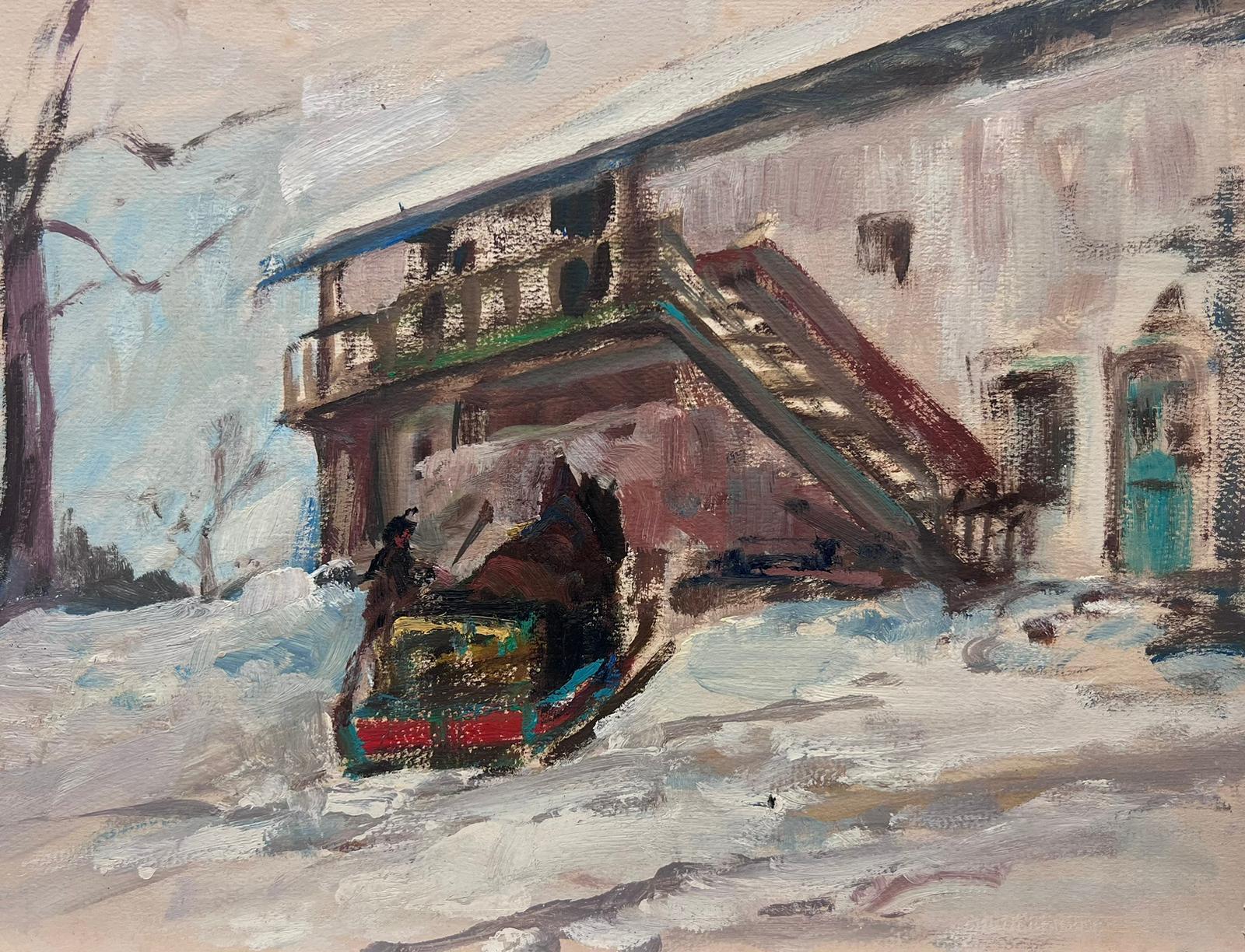 Leon Hatot Figurative Painting – Figuren in Winter-Schneeflocken-Ski Chalet-Landschaft, Vintage, Französisch-impressionistisches Öl