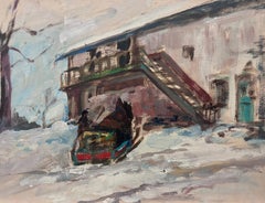 Figures in Winter Snow Ski Chalet Landscape Vintage French Impressionist Oil
