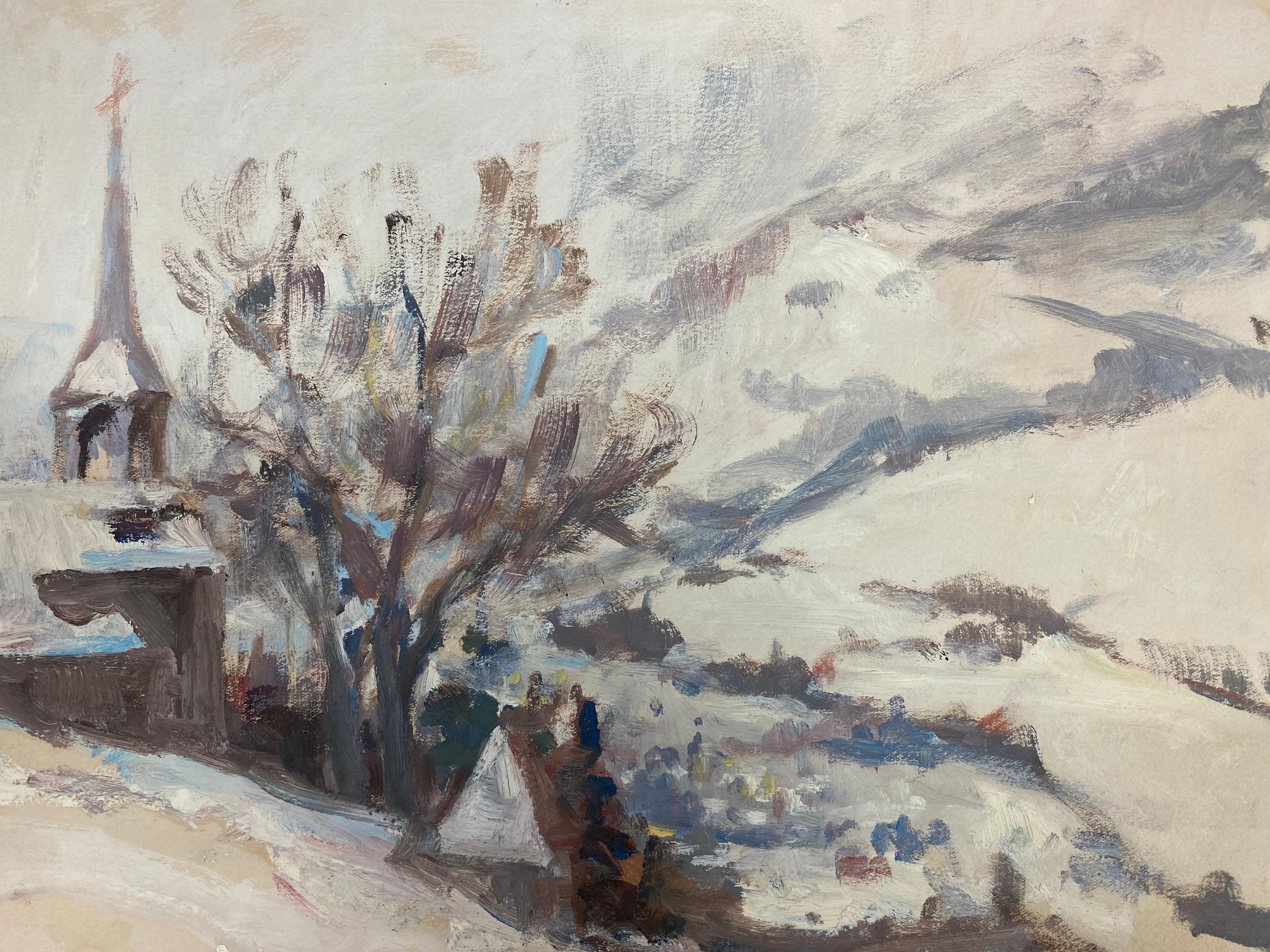 Leon Hatot Landscape Painting - French Alps Village covered in Snow, Vintage French Impressionist Oil