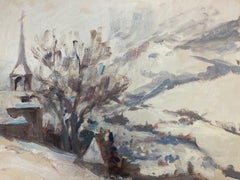 French Alps Village covered in Snow, Vintage French Impressionist Oil