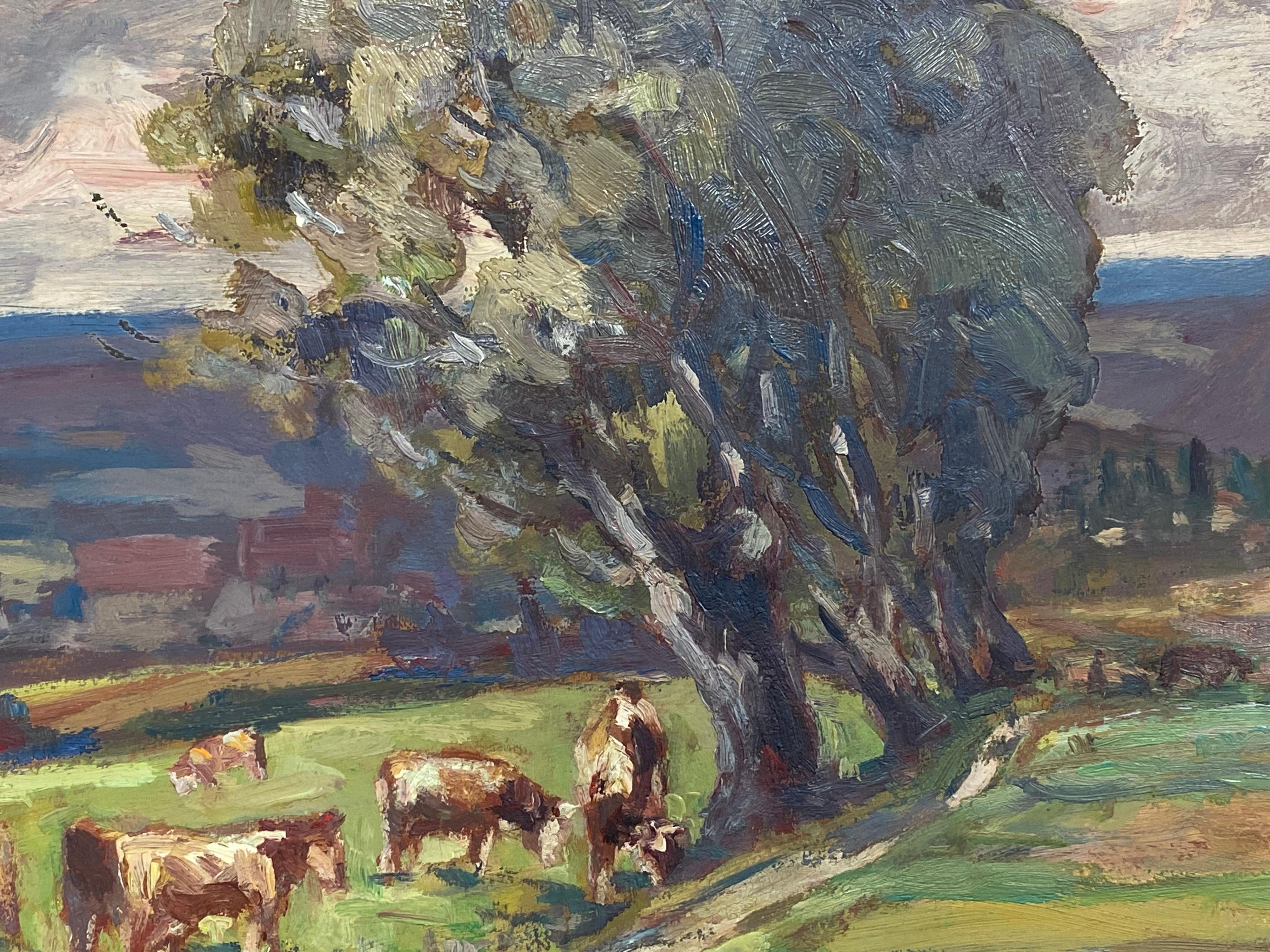 Paisaje al óleo impresionista francés, Ganado en un prado - Painting de Leon Hatot