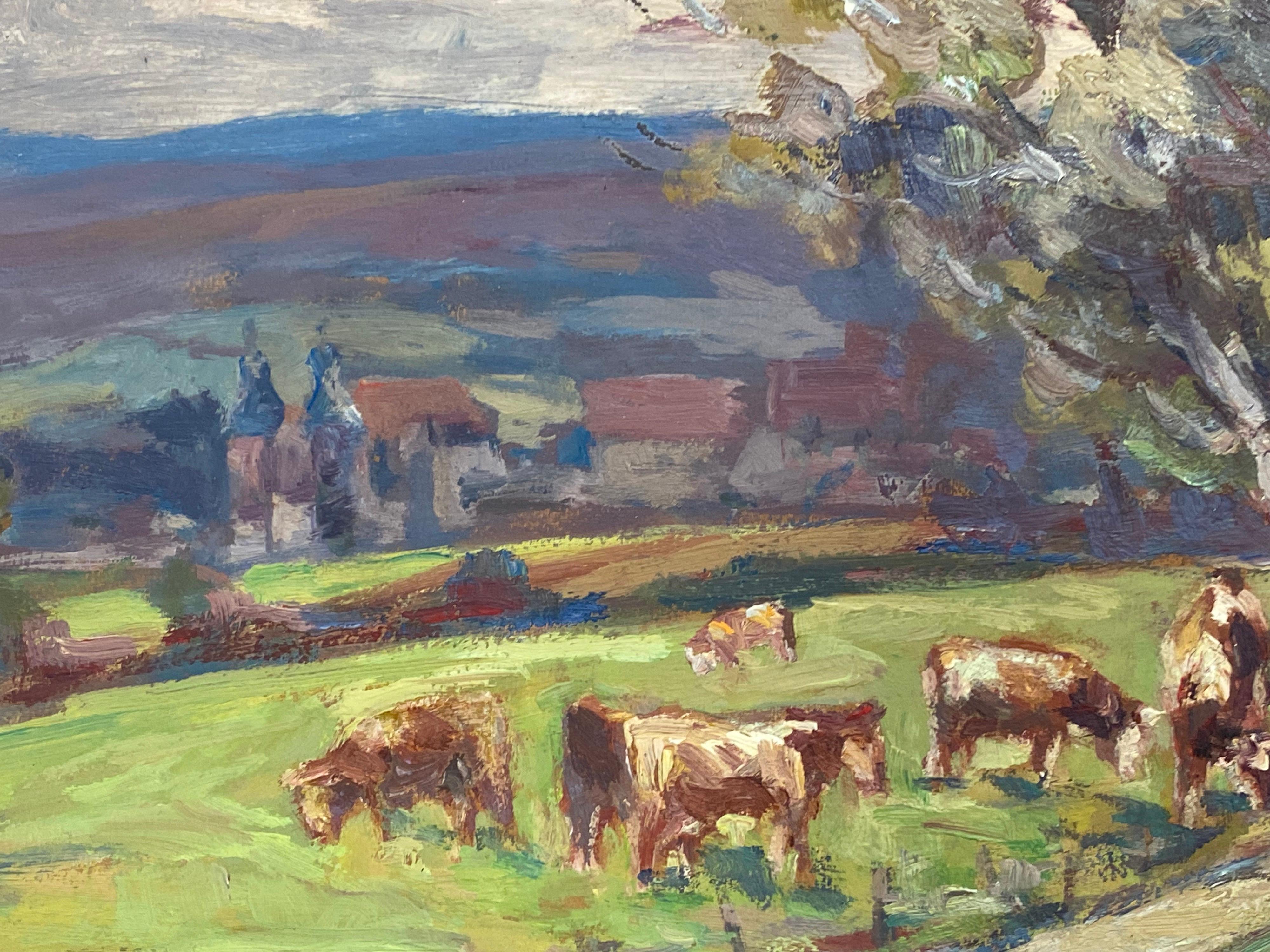 Paisaje al óleo impresionista francés, Ganado en un prado - Landscape Painting Gris de Leon Hatot