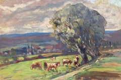 French Impressionist Oil Landscape - Cattle In Meadow 