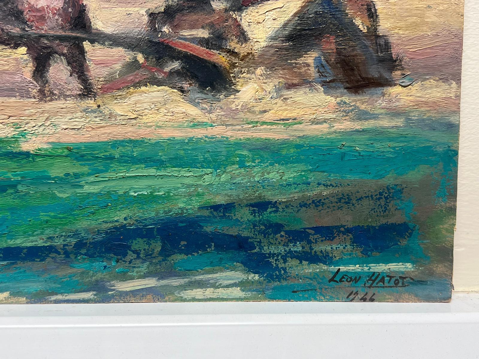 Peinture à l'huile française représentant des chevaux et des vaches à la moisson et tirant sur un vieil écusson - Painting de Leon Hatot