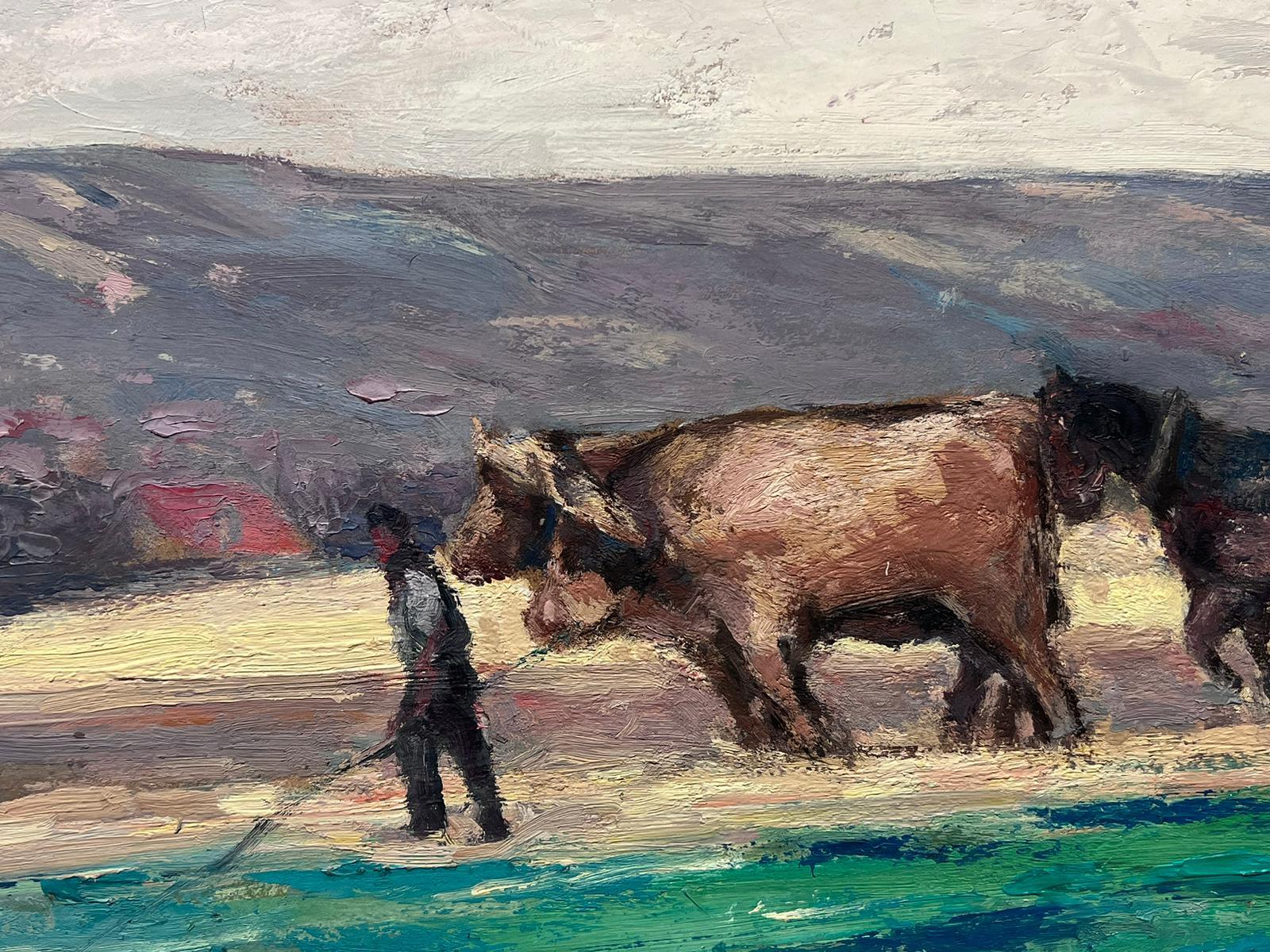 Peinture à l'huile française représentant des chevaux et des vaches à la moisson et tirant sur un vieil écusson - Impressionnisme Painting par Leon Hatot