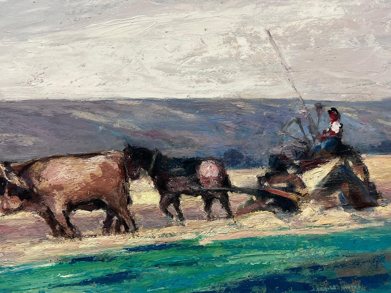 Französisches Ölgemälde von Pferden und Kühen bei der Ernte, Pulling An Old Corn Shredder (Grau), Landscape Painting, von Leon Hatot