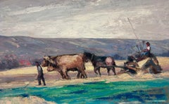 Peinture à l'huile française représentant des chevaux et des vaches à la moisson et tirant sur un vieil écusson