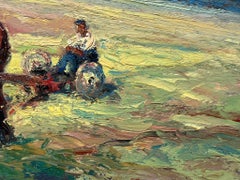French Oil Painting Two Brown Horses Pulling A Figure Through Green Field