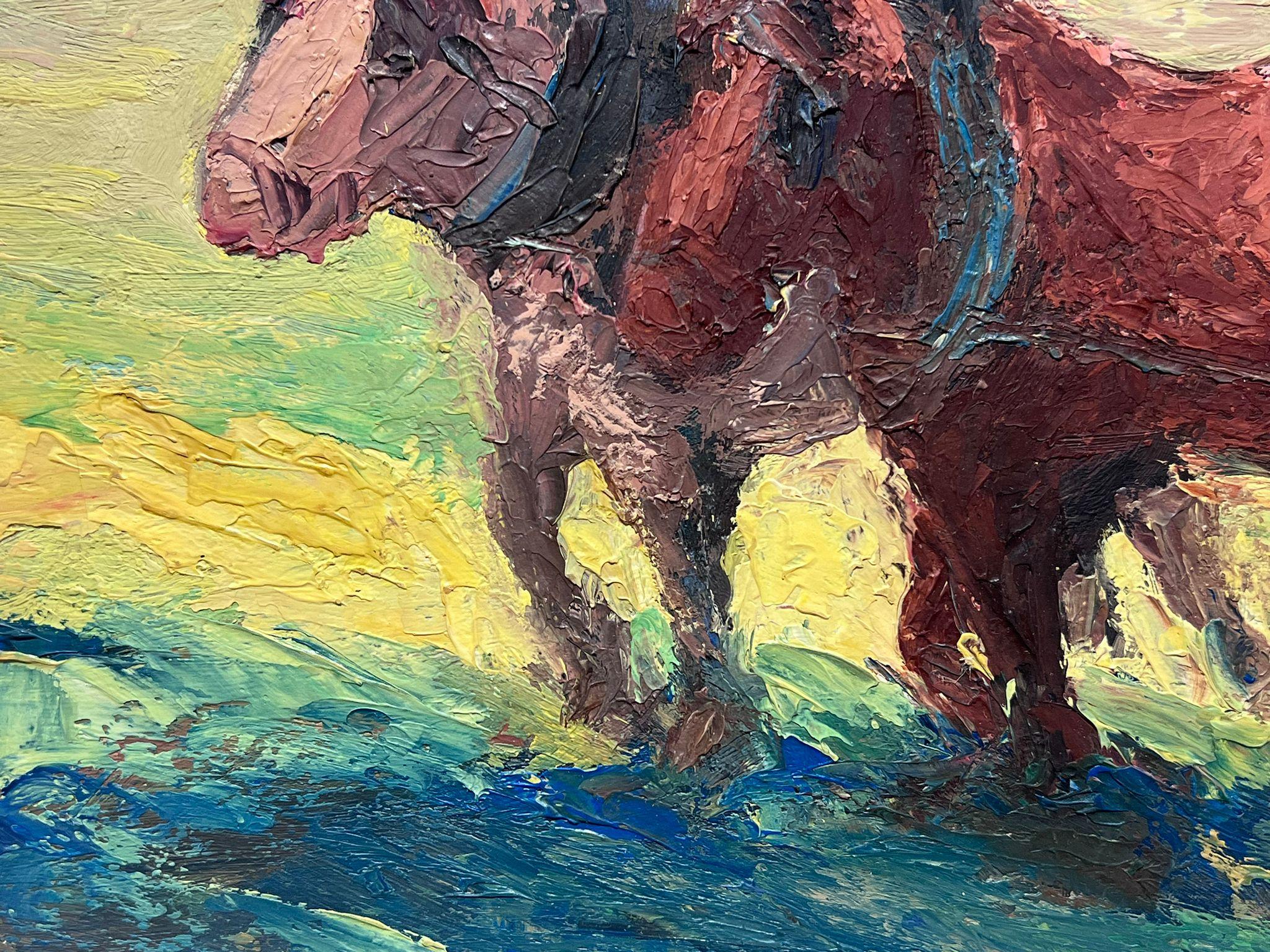 Peinture à l'huile française Deux chevaux Brown tirant un personnage dans un champ vert - Impressionnisme Painting par Leon Hatot