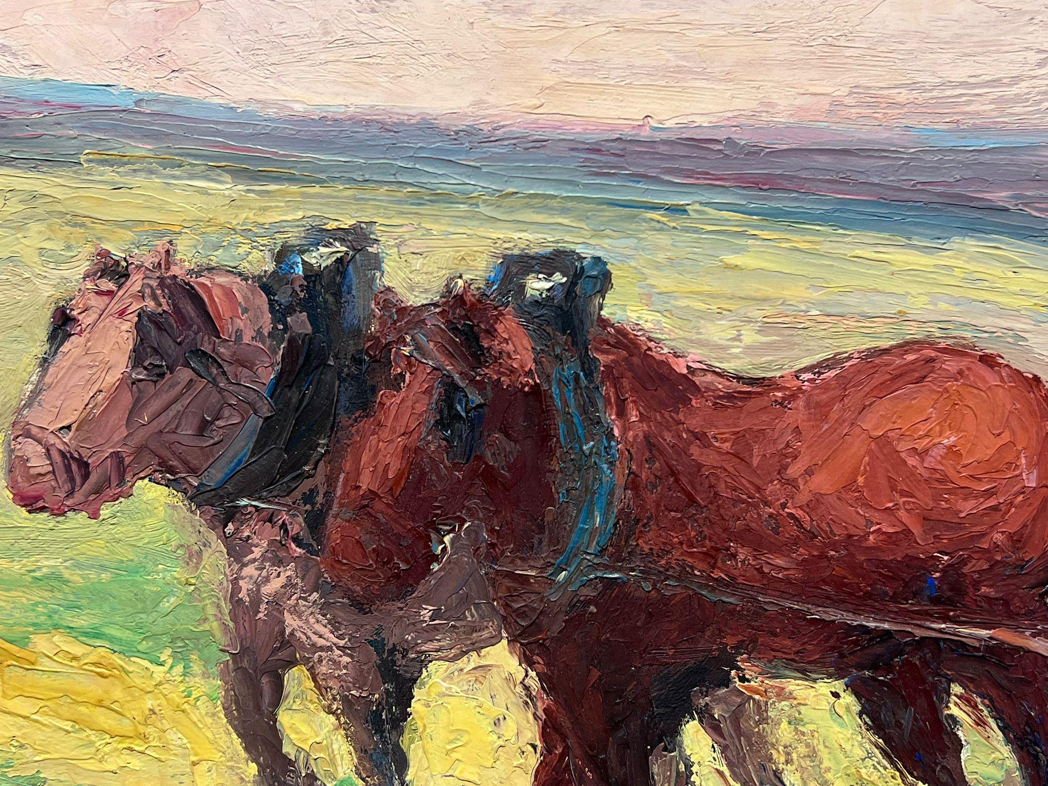 French Oil Painting Two Brown Horses Pulling A Figure Through Green Field For Sale 2