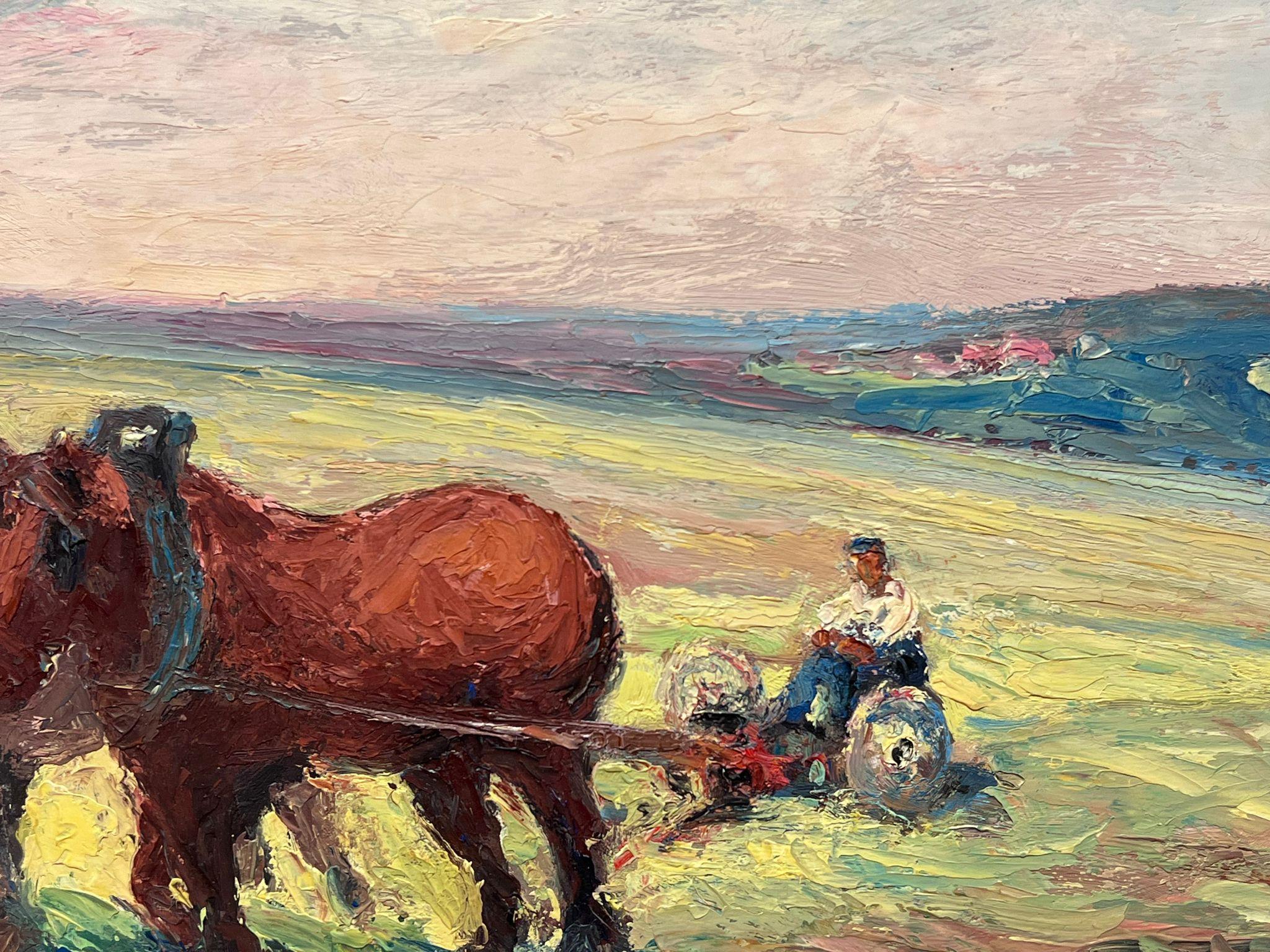 Peinture à l'huile française Deux chevaux Brown tirant un personnage dans un champ vert en vente 1
