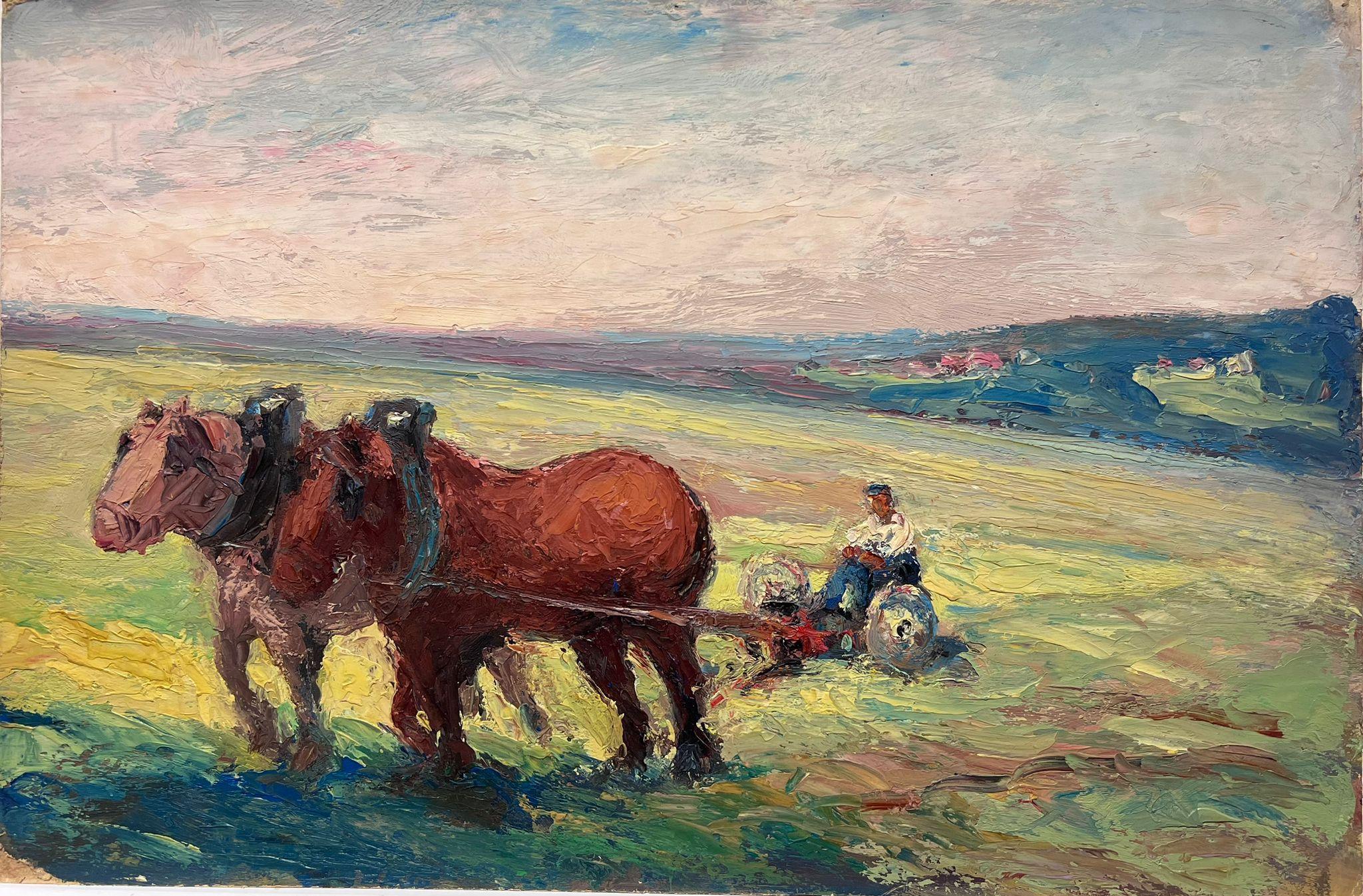 Animal Painting Leon Hatot - Peinture à l'huile française Deux chevaux Brown tirant un personnage dans un champ vert