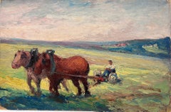 Antique French Oil Painting Two Brown Horses Pulling A Figure Through Green Field