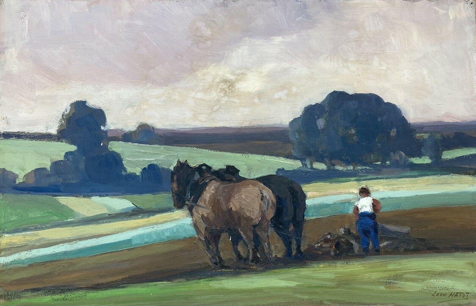 Artistics/ School : Léon Hatot (français 1883-1953), signé dans le coin inférieur

Titre : Scène impressionniste d'un fermier avec des chevaux labourant les champs.

Support : peinture à l'huile sur papier épais, non encadrée.

Taille :  peinture :